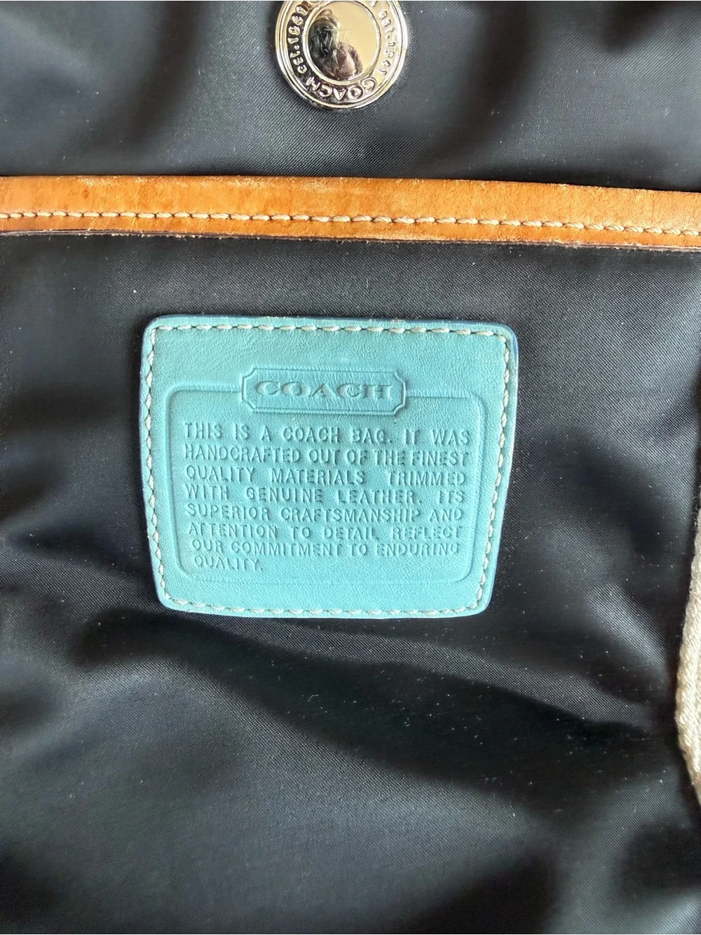 Coach Black Canvas Tote with Teal Trim and Tan Accents
